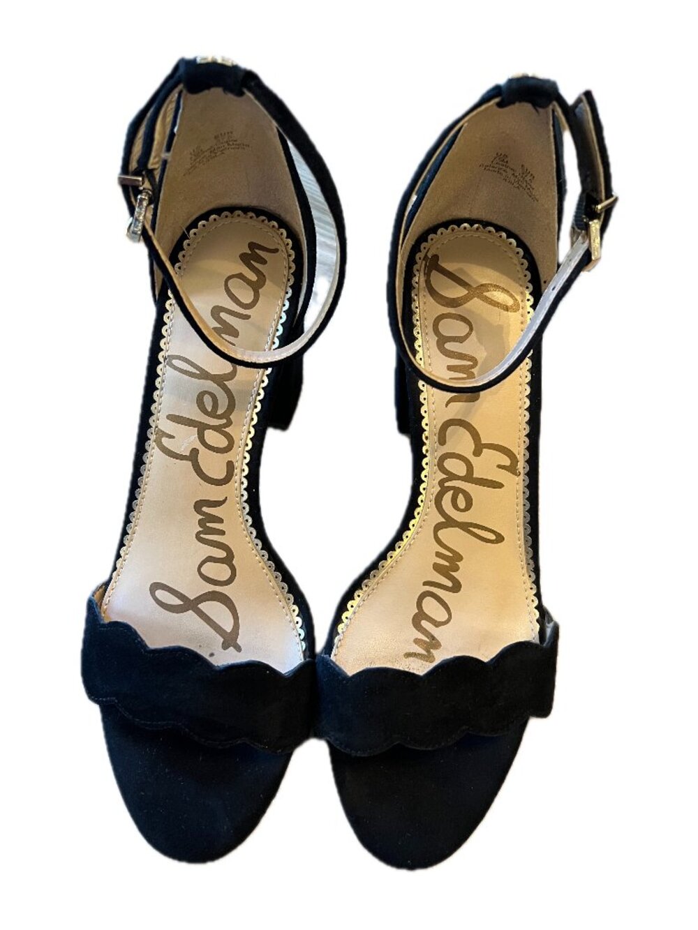 Sam Edelman Black Suede Scalloped Ankle Strap Block Heels Size 7.5